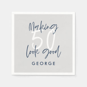 Serviette En Papier Fête photo moderne de 50 ans gris + bleu marine