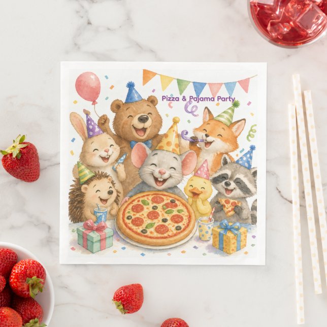 Serviette En Papier Fête Pizza & Pyjama Animaux Mignons  (En situation)