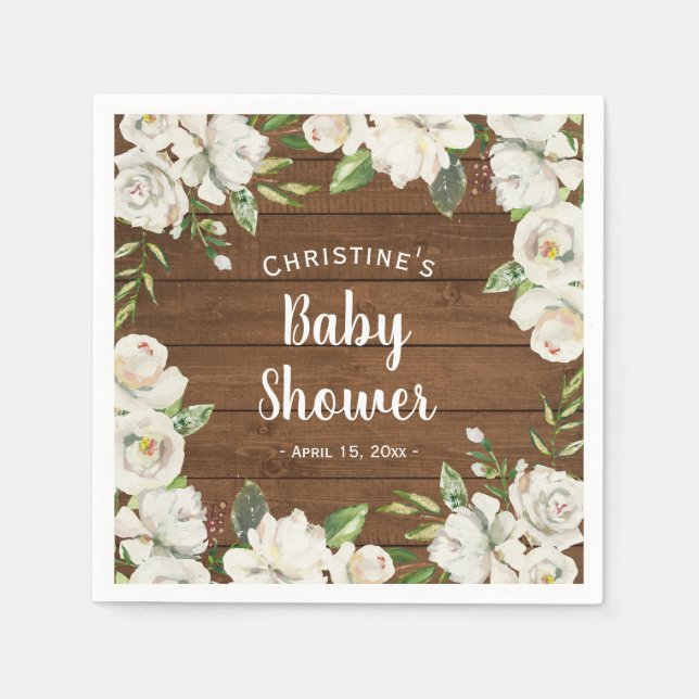 Serviette En Papier Fête Prénatale Fleurs Neutres Bois Rustique Sprink (Devant)