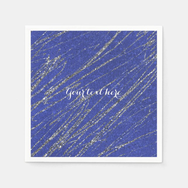 Serviette En Papier Fête Rayure Marbre Moderne Glam Bleu & Argent (Devant)