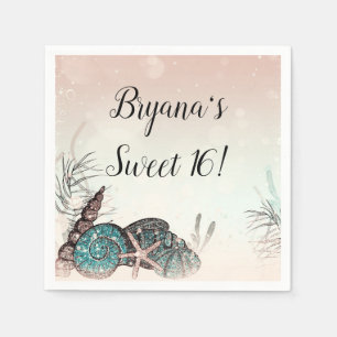 Serviette En Papier Fête Sweet 16 Rose sous les coquillages de plage