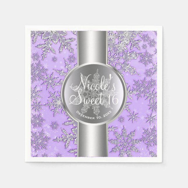 Serviette En Papier Fêtes de Noël flocons de neige argent violet (Devant)