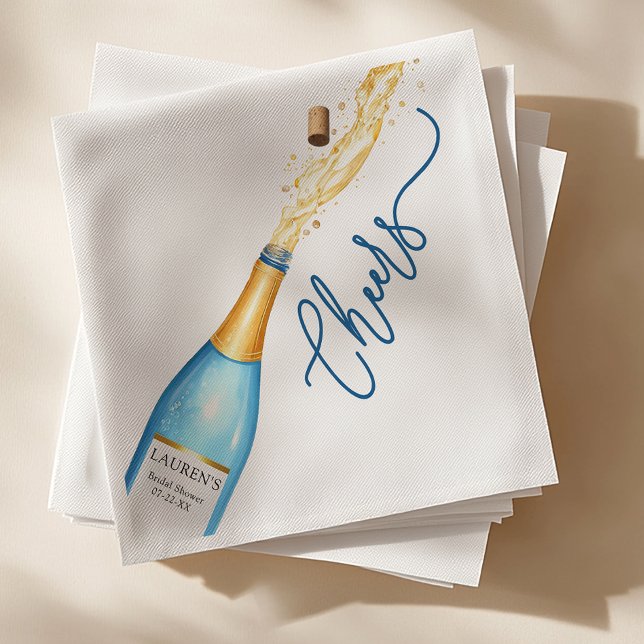 Serviette En Papier Fêtes des mariées de Pop Champagne Bleu (Cheers Bridal Shower Napkin Design)
