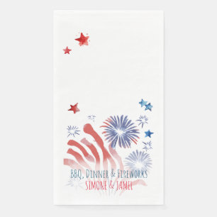 Serviette En Papier Feu d'artifice d'aquarelle rouge et bleu en blanc