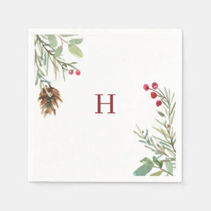 Serviette En Papier Feuillage de Noël à l'aquarelle Monogramme Rouge B
