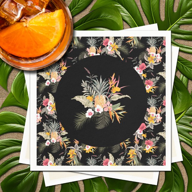 Serviette En Papier Feuillage de Tropicaux Ananas Hibiscus sur Fond No (Tropical Pineapple Hibiscus Foliage on Black Napkins)