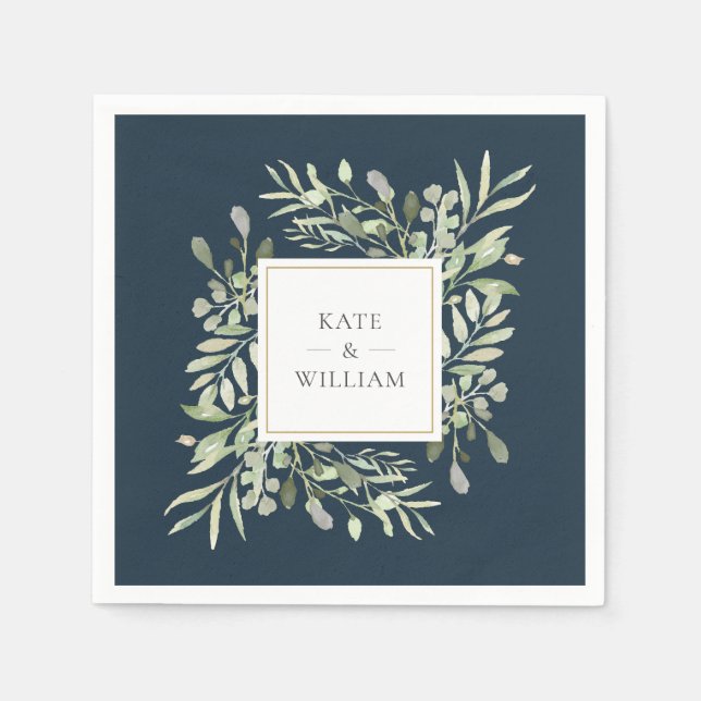 Serviette En Papier Feuillage de verdure bleu or mariage Deep Sea (Devant)