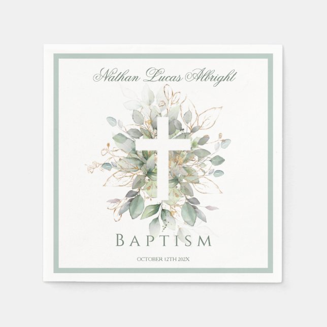 Serviette En Papier Feuillage de verdure de baptême Croix  (Devant)