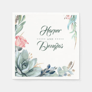Serviette En Papier Feuillage de verdure Succulent et Fleur rose