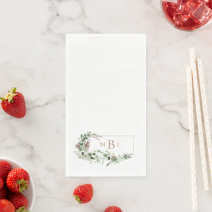 Serviette En Papier Feuillage et monogramme doré Élégant Pape blanc d'