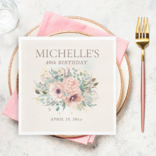 Serviette En Papier Feuillage Floral Rose Pailleté 40e Anniversaire