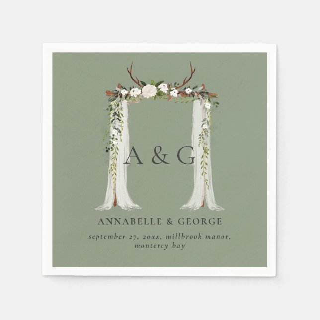Serviette En Papier Feuillage rustique blanc mariage à baguette de cer (Devant)