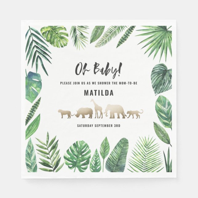 Serviette En Papier Feuillage tropical + animaux d'or baby shower (Devant)