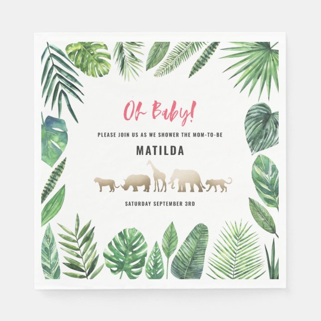 Serviette En Papier Feuillage tropical + animaux d'or baby shower (Devant)
