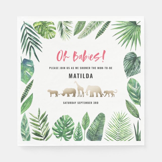 Serviette En Papier Feuillage tropical + animaux d'or baby shower (Devant)