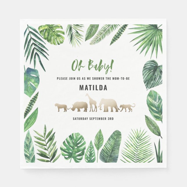 Serviette En Papier Feuillage tropical + animaux d'or baby shower (Devant)