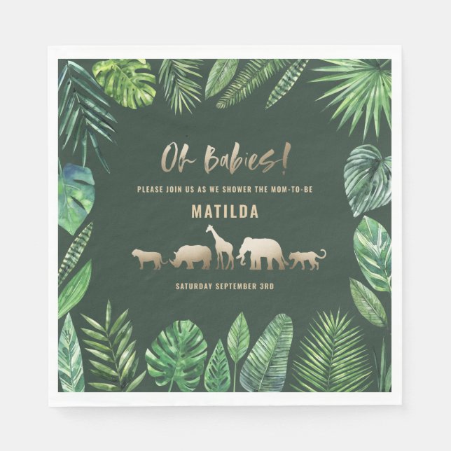 Serviette En Papier Feuillage tropical + animaux d'or baby shower (Devant)