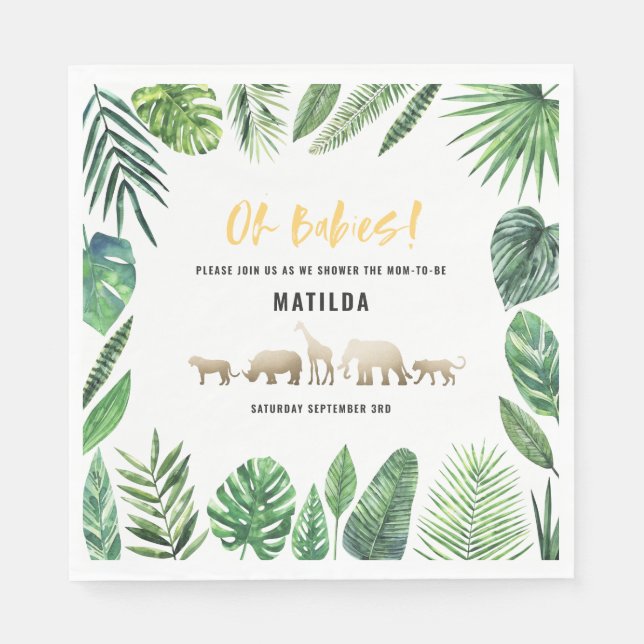 Serviette En Papier Feuillage tropical + animaux d'or baby shower (Devant)