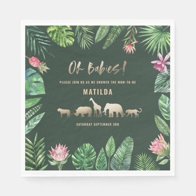 Serviette En Papier Feuillage tropical + baby shower jumeau d'animaux  (Devant)