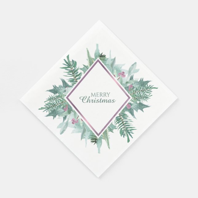 Serviette En Papier Feuillage vert Berry rose Violet Frame Noël (Coin)