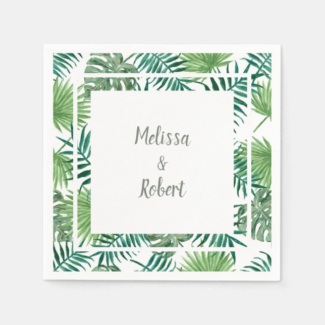 Serviette En Papier Feuille aquarelle tropicale mariage mariée mari (Devant)