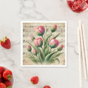 Serviette En Papier Feuille de musique vintage rose et verte