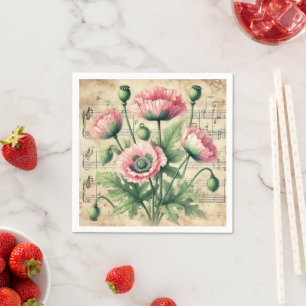 Serviette En Papier Feuille de popies vintages rose et verte Découpage