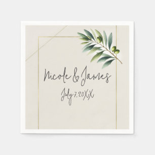 Serviette En Papier Feuille d'olive verte os blanc et or mariage rusti