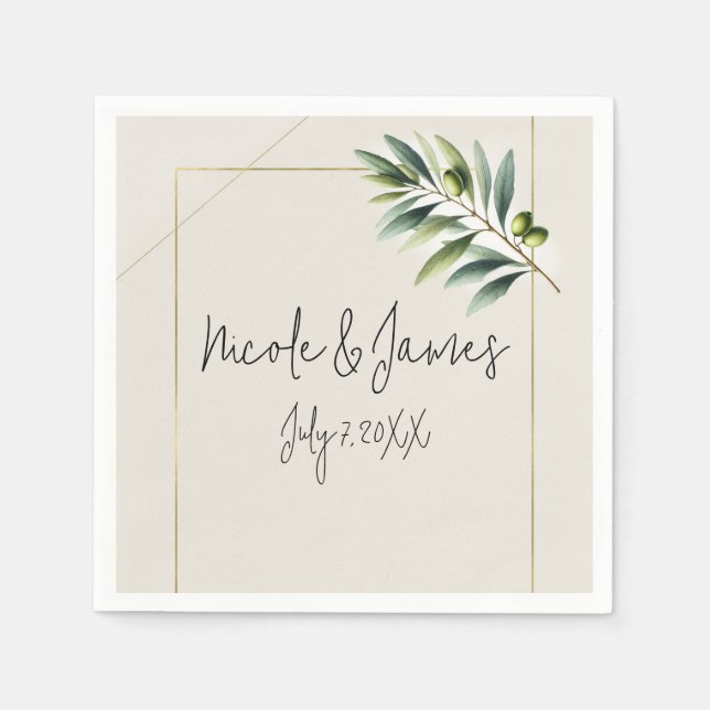 Serviette En Papier Feuille d'olive verte os blanc et or mariage rusti (Devant)