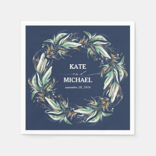 Serviette En Papier Feuille d'or Vert Mariage bleu marine