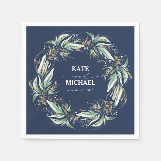 Serviette En Papier Feuille d'or Vert Mariage bleu marine (Devant)