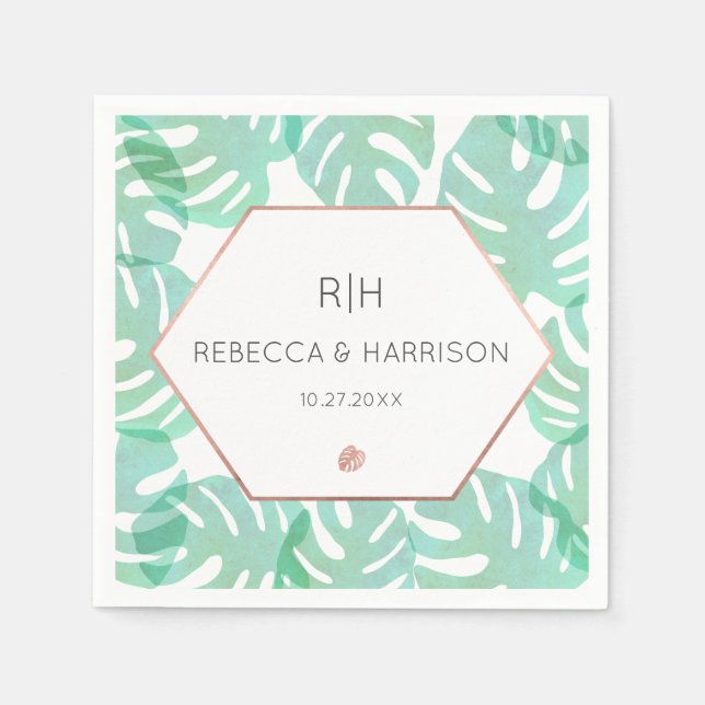 Serviette En Papier Feuille et or Rose Monstera (Devant)