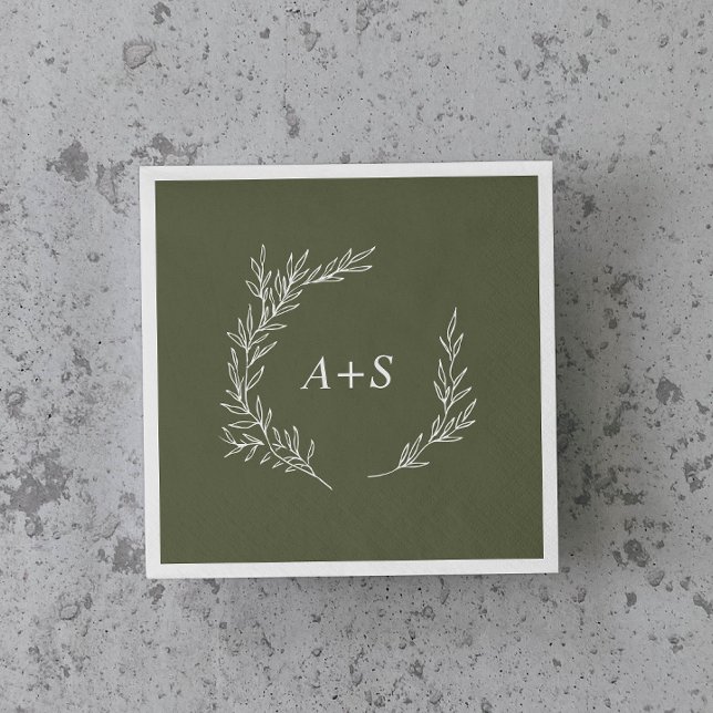 Serviette En Papier Feuille minimale | Mariage de monogramme vert fonc (Créateur téléchargé)