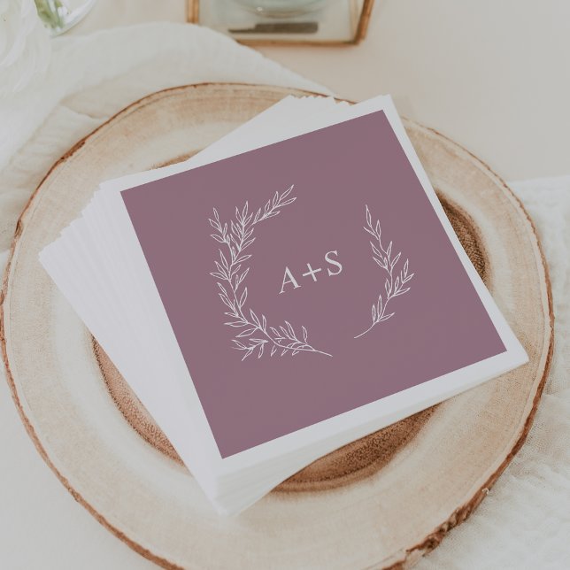 Serviette En Papier Feuille minimale | Mauve Monogrammes Mariage (Créateur téléchargé)