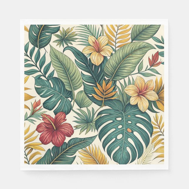 Serviette En Papier Feuille tropicale de Monstera avec hibiscus  (Devant)