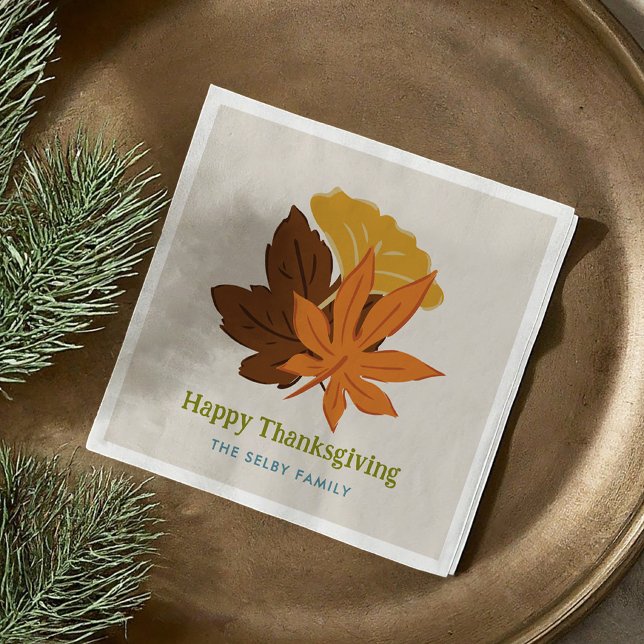 Serviette En Papier Feuilles d'automne Joyeux Thanksgiving (Falling Leaves Autumnal Happy Thanksgiving Napkins)