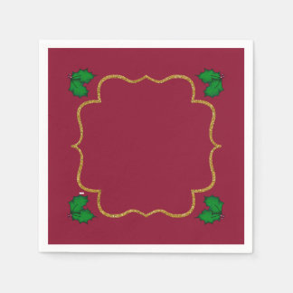 Serviette En Papier Feuilles de houx de Noël et baies rouges