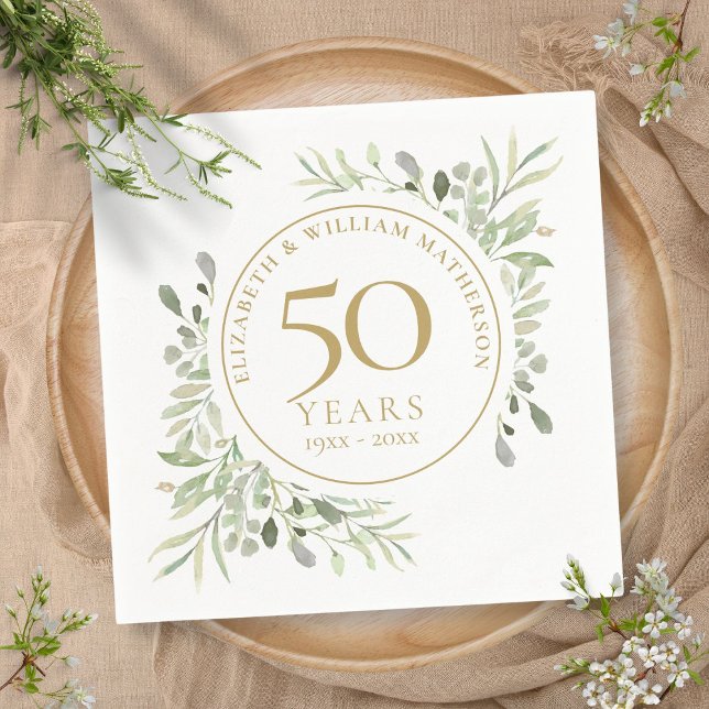 Serviette En Papier Feuilles de verdure dorées pour le 50e anniversair (50th Anniversary Gold Greenery Leaves Watercolor Napkins)