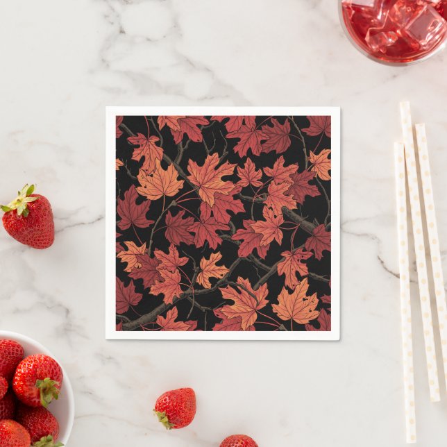 Serviette En Papier Feuilles d'érable rouges d'automne sur fond noir (En situation)