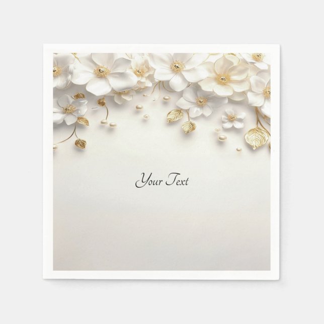 Serviette En Papier Feuilles d'or floral blanc ivoire (Devant)