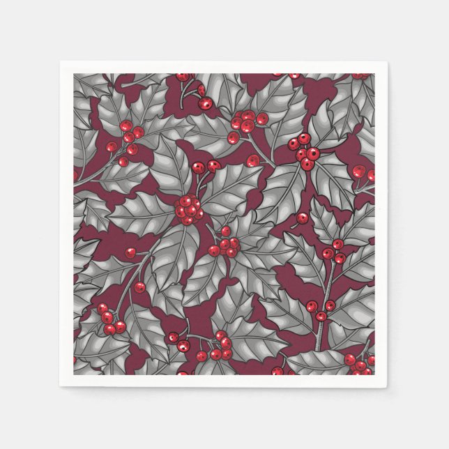 Serviette En Papier Feuilles gris sur rouge foncé (Devant)