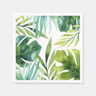 Serviette En Papier Feuilles Tropicales Vertes Élégante Mariage Blanc