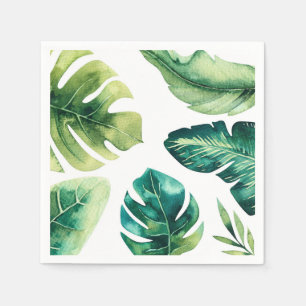 Serviette En Papier Feuilles Tropicales Vertes Élégante Mariage Blanc