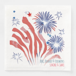 Serviette En Papier Feux d'artifice à l'aquarelle rouge et bleue sur f