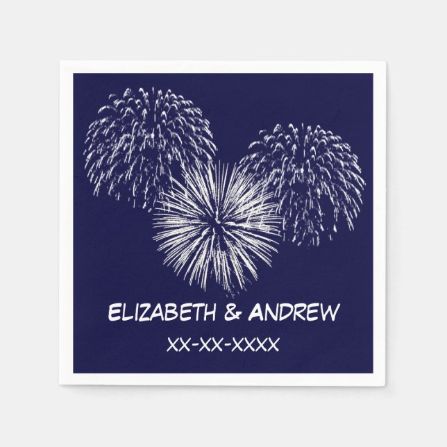 Serviette En Papier Feux d'artifice, Fond Bleu Marine, Monogramme de n (Devant)