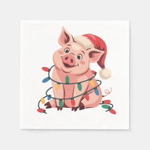 Serviette En Papier Feux de Noël Cochon portant le Casquette de Noël -