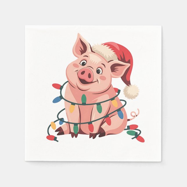Serviette En Papier Feux de Noël Cochon portant le Casquette de Noël - (Devant)