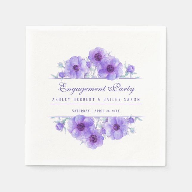 Serviette En Papier Fiançailles à l'aquarelle de l'anémone violette (Devant)