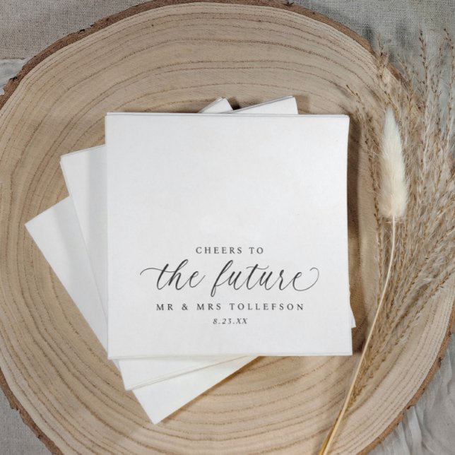 Serviette En Papier Fiançailles Mariage ou douche pour le futur (Elegant black and white “Cheers to the Future” napkins for engagement celebrations)