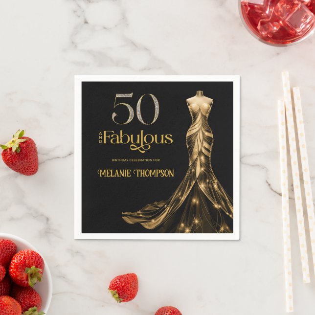 Serviette En Papier Fifty and Fabulous Gold Dress Black 50th Birthday (En situation)